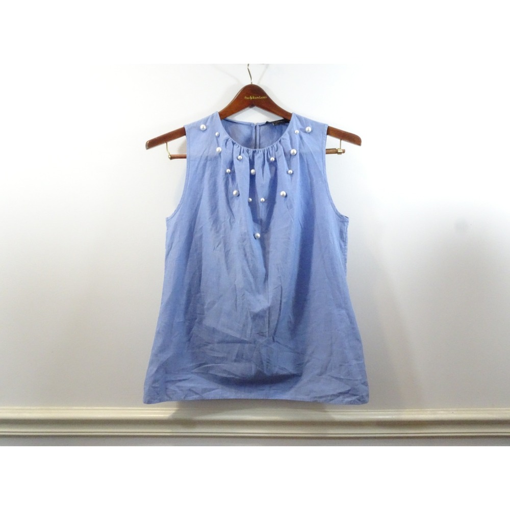 Banana Republic Blue Cotton Faux Pearl Embellished Sleeveless Blouse Medium